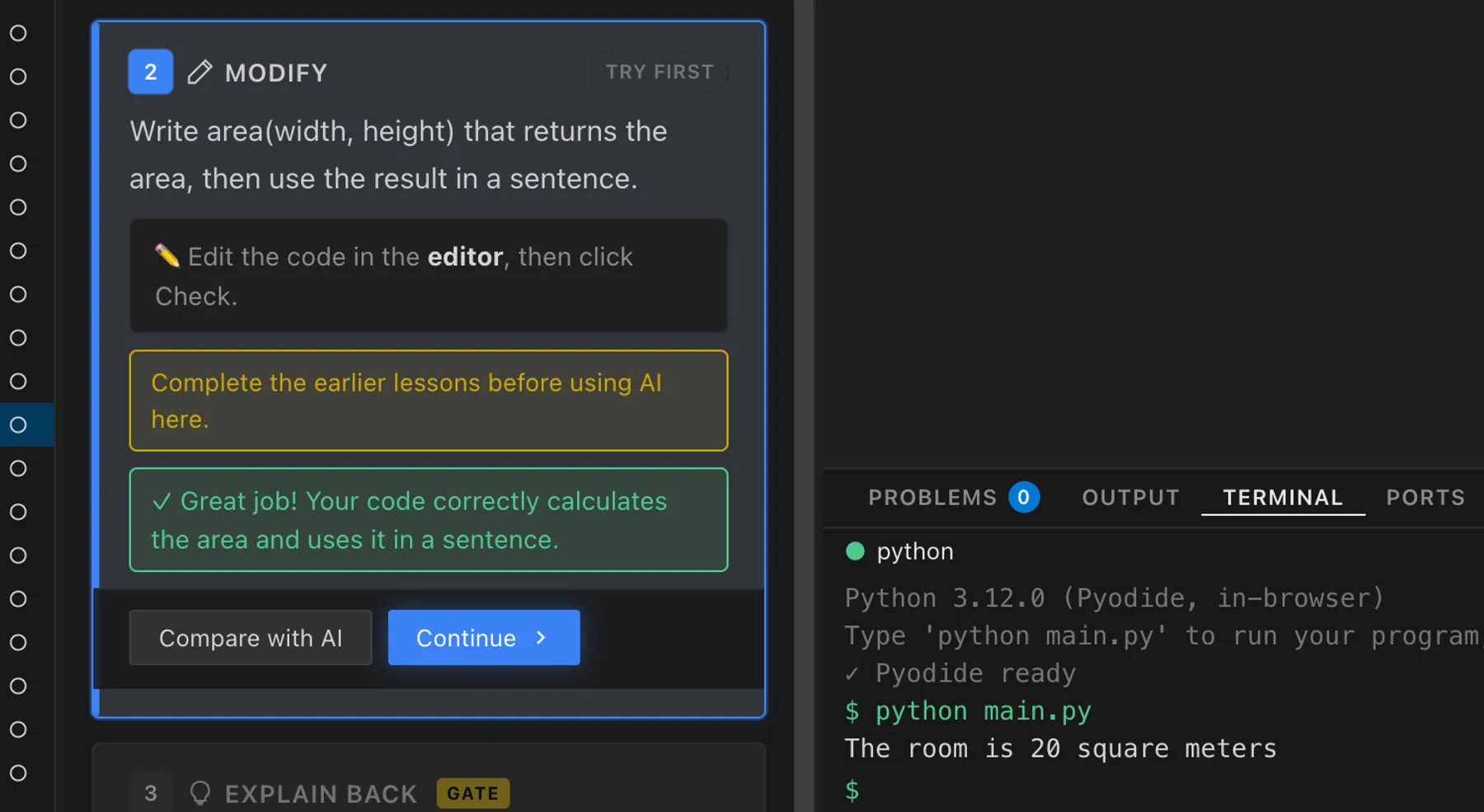 Arclab Foundations: Compare with AI blocked with the message Complete the earlier lessons before using AI here