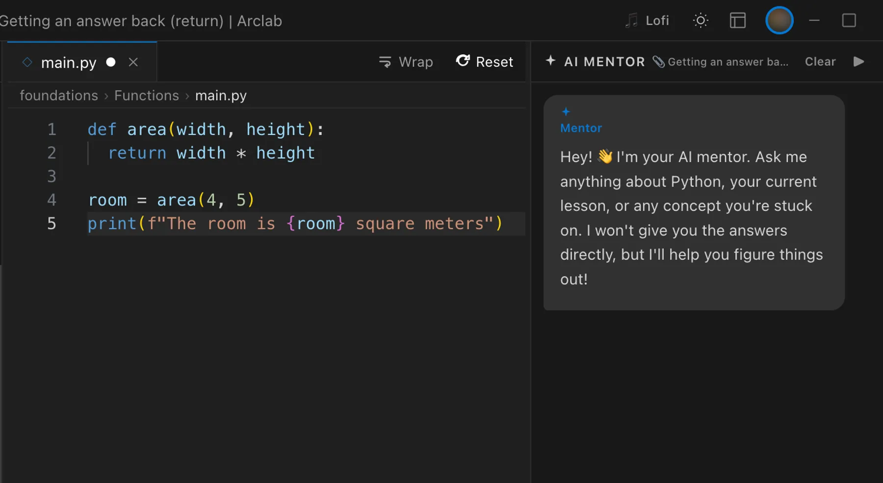 Arclab Foundations: the AI mentor panel open beside the editor, saying it won't give answers directly
