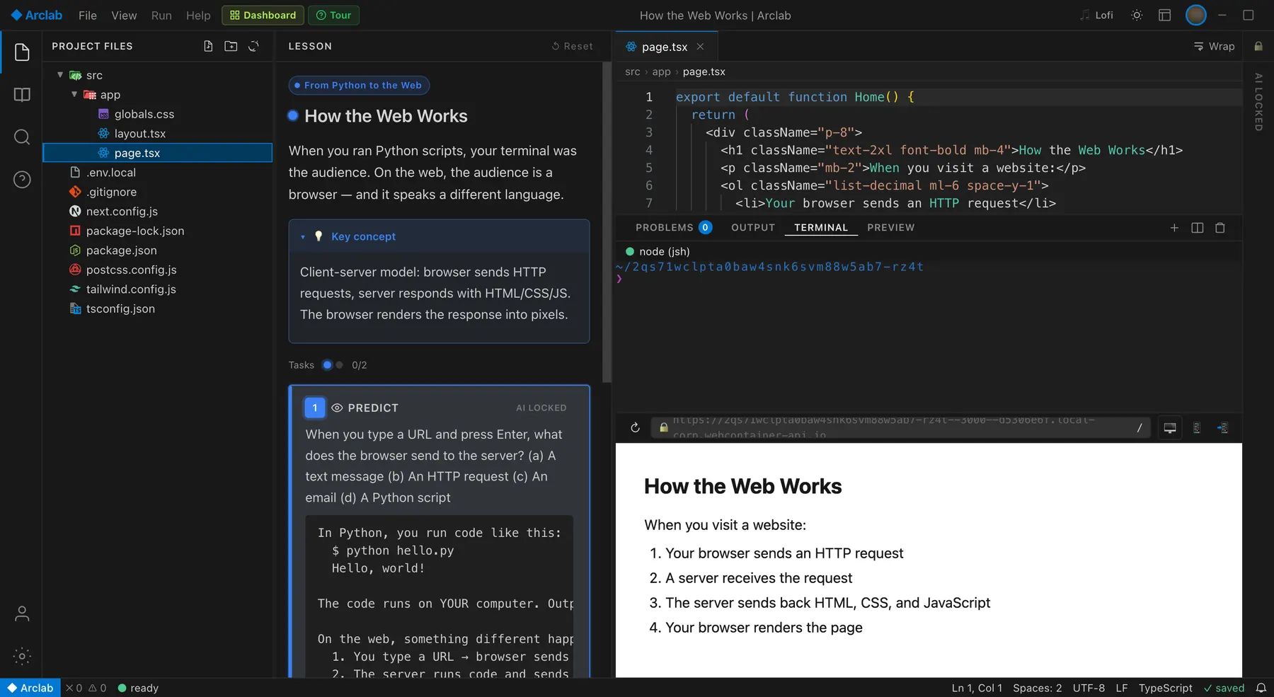 Arclab Foundations Next.js track: page.tsx in the editor and a live preview of the app running in the browser