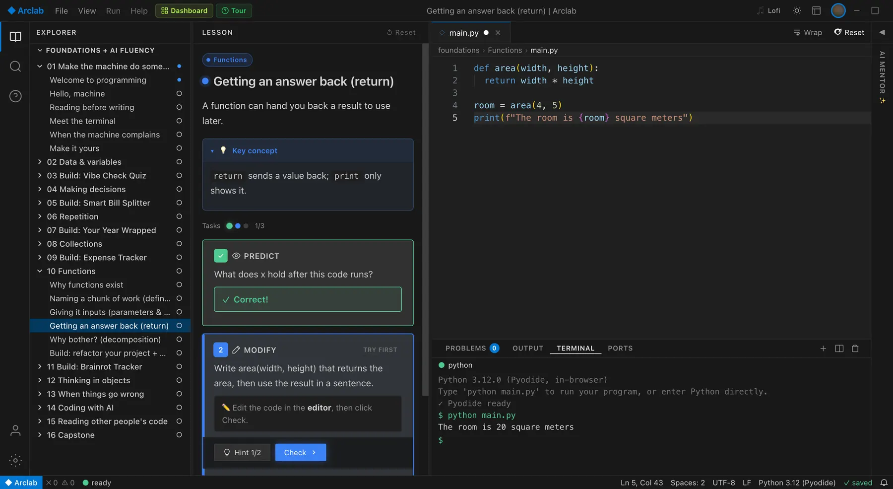 Arclab Foundations: a learner's area function in main.py and the in-browser terminal printing The room is 20 square meters